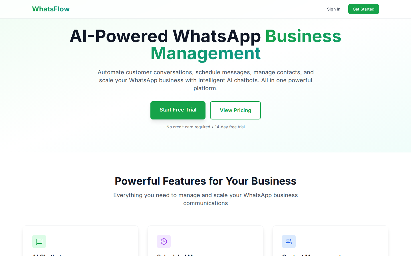 WhatsFlow website screenshot